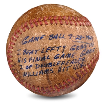 Historically Significant 1941 Game Used  "Game Ball" 9/28/1941 Ted Williams Bats .406, Lefty Grove Pitches Last Career Game (Final Game of Season)